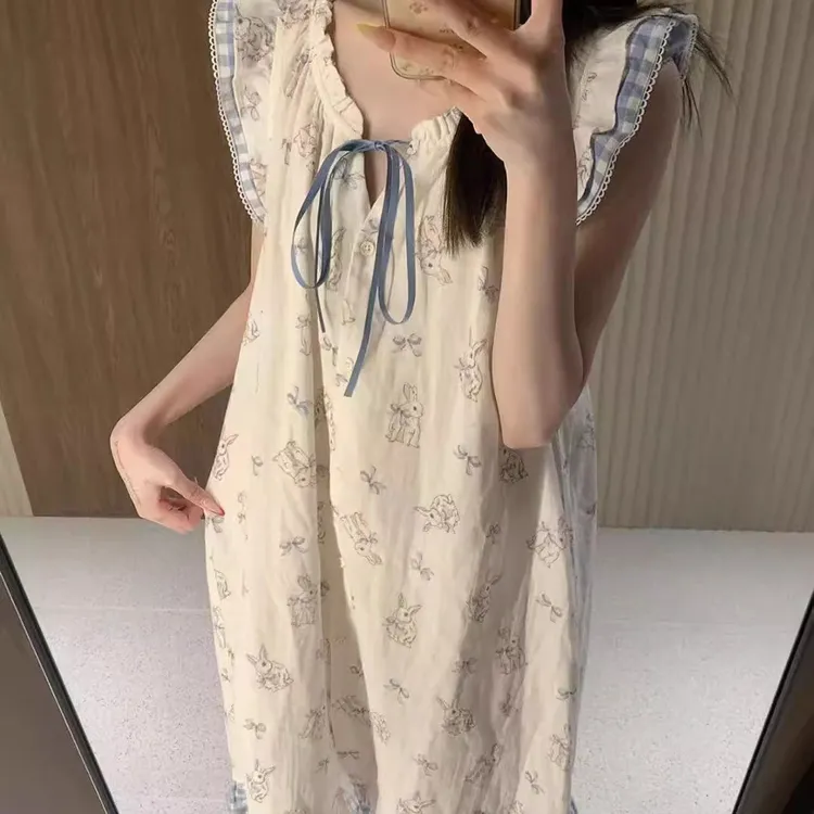 【爱丽兔裙】可爱兔子印花睡衣女夏季新款宽松系带可外穿中长款睡裙