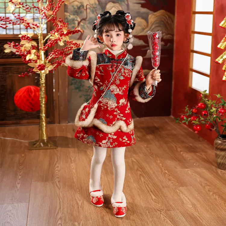 女童旗袍冬装中小童国风女宝宝加绒裙子小女孩中式喜庆红色拜年服