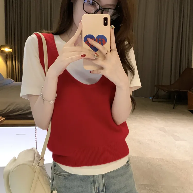 韩系u领安可拉红色针织马甲女春秋叠穿无袖毛衣吊带背心短款上衣