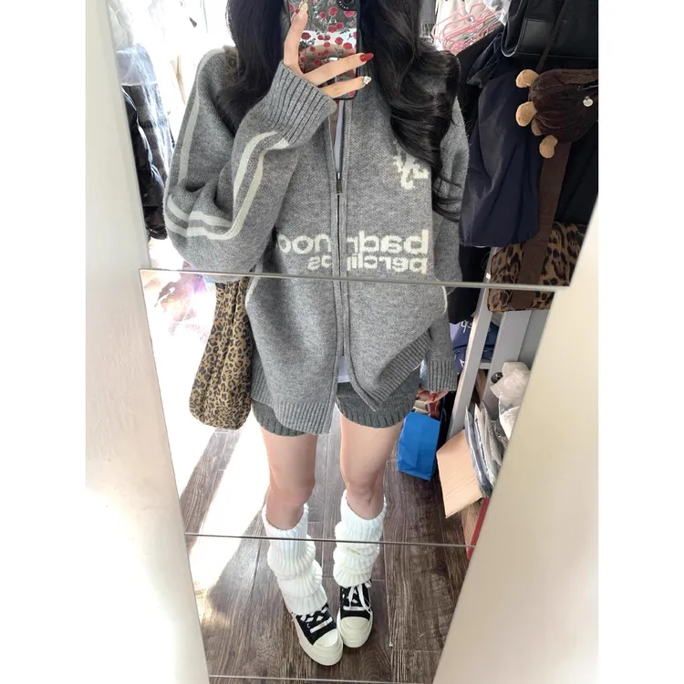 oversize！棒球风翻领拉链毛衣开衫女外套秋季新款韩版宽松针织衫