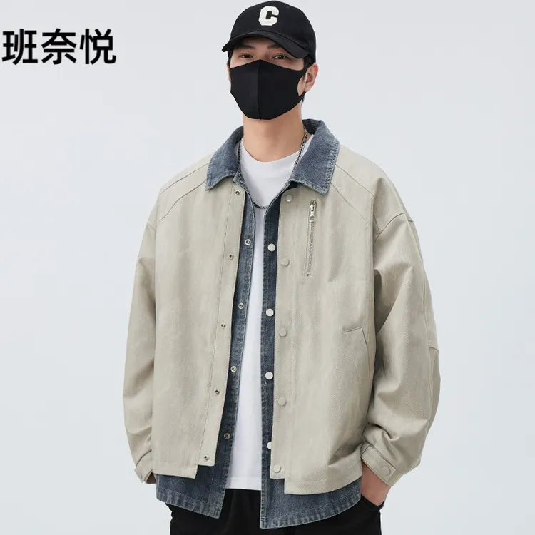 潮牌假两件牛仔外套男春秋季2025新款宽松翻领休闲夹克男春装上衣