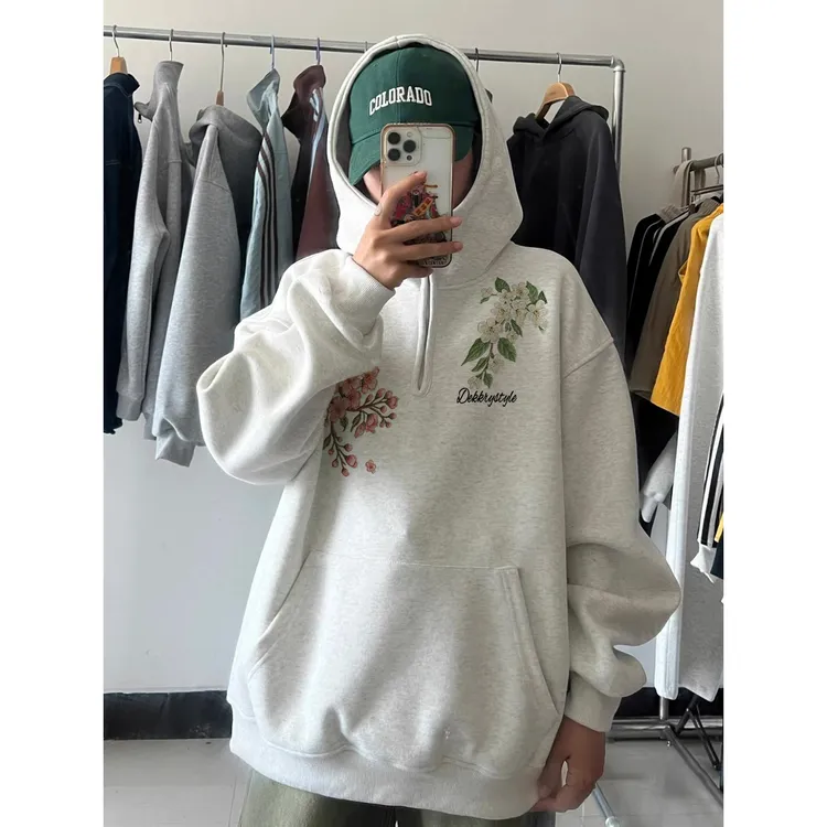 美式潮牌花卉字母印花休闲秋冬半拉链卫衣情侣连帽宽松百搭上衣