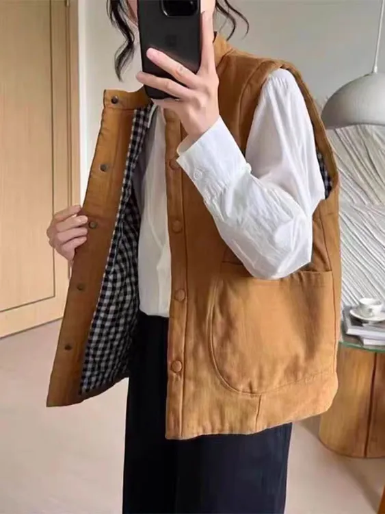 【夹棉马甲女日杂风】春秋冬新款复古宽松小个子立领短款背心棉袄