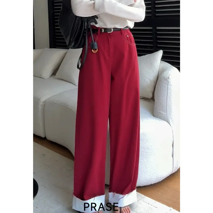 PRASE·噜【折痕牛仔】微胖轻奢设计款秋女天丝棉翻边牛仔裤PR506C78