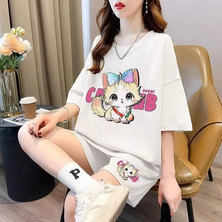 时尚宽松遮肉圆领短袖短裤套装女胖季夏季洋气休闲风运动两件套