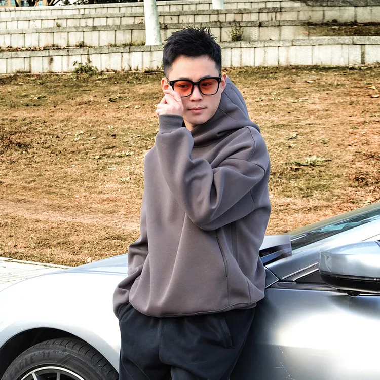 连帽压排褶春秋boxy版型立体重磅百搭空气层卫衣男鲨鱼帽显高外套