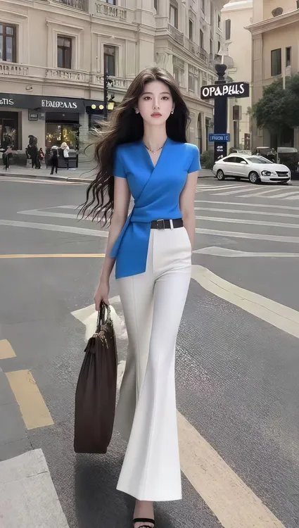 新款时尚温柔风蓝色修身短袖V领收腰不规则上衣+白色百搭显瘦长裤
