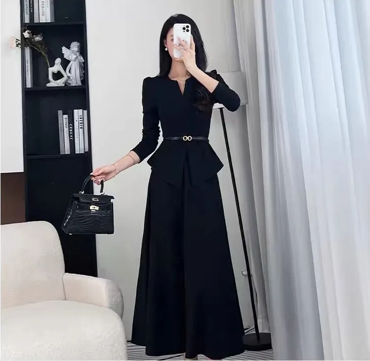 2025黑色长袖连衣裙女早秋搭配一整轻奢高级感半身伞裙气质两件套