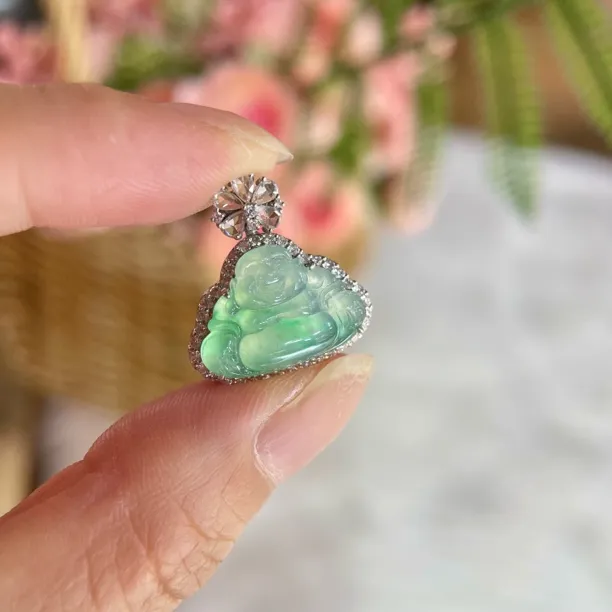 天然A货翡翠18K镶嵌高冰飘绿花佛公吊坠