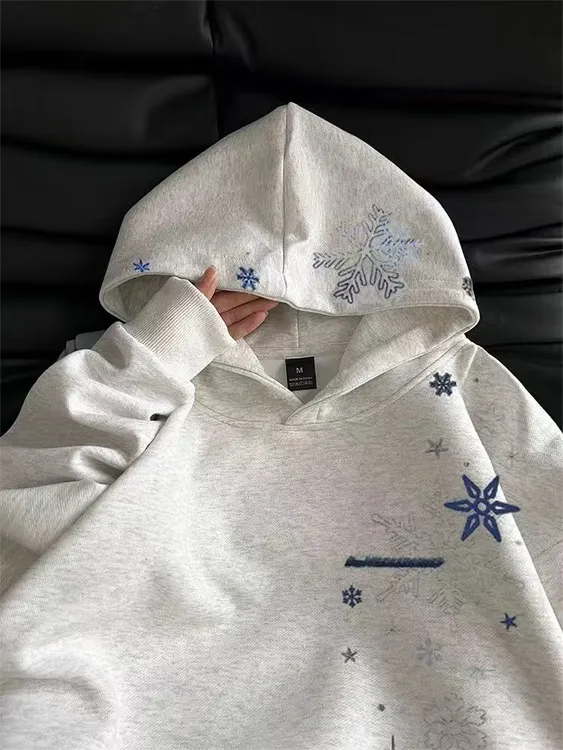 雪花刺绣 时尚单品 重磅灰色纯棉连帽卫衣女学生韩版宽松情侣上衣