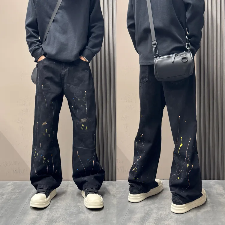 2025秋冬新款美式潮流设计感牛仔裤男高街泼墨宽松直筒阔脚牛仔裤