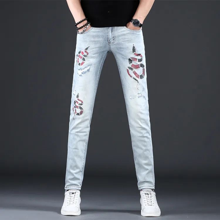 GS香港高档欧美潮牌烫钻破洞牛仔裤男款夏季新款修身小脚潮流男裤