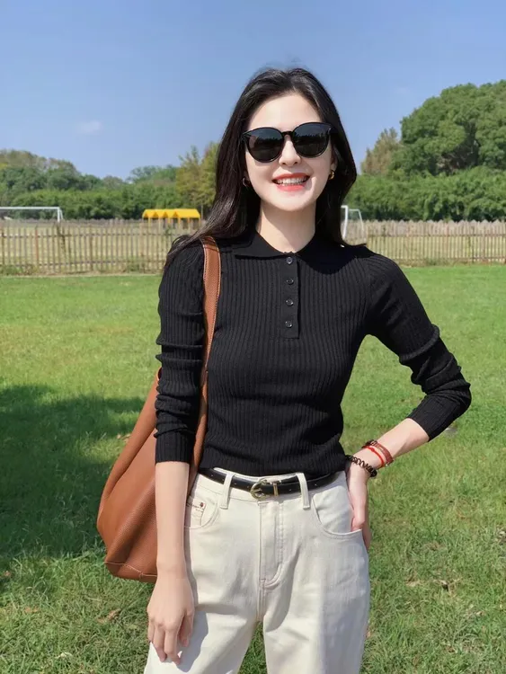 【心愿】2025新款法式长袖针织打底衫女装秋冬polo领上衣牛仔裤套装