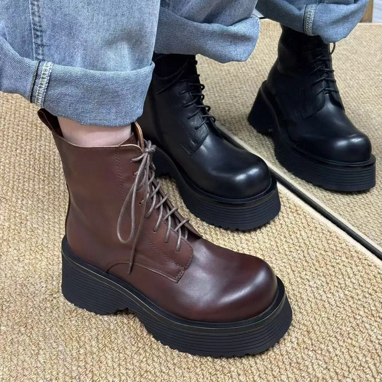 0206915-1秋冬季中筒系带马丁靴休闲舒适百搭小皮靴平底女靴