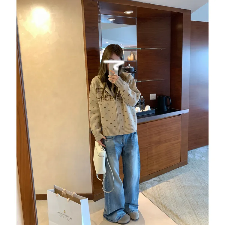 费尔岛连帽毛衣外套女秋冬季复古休闲百搭显瘦针织开衫长袖女韩版