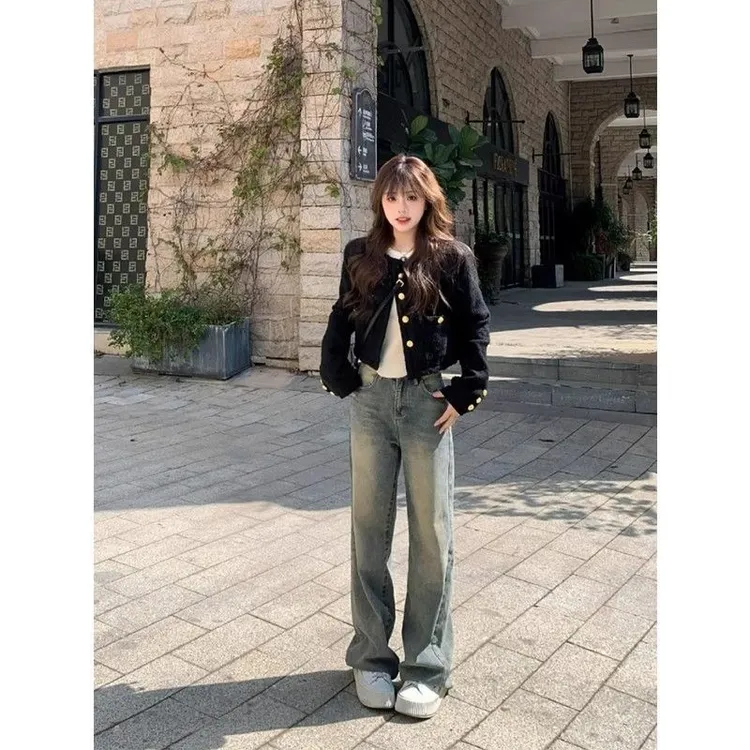 美式高街宽松窄版阔腿牛仔裤女2025新款修身显瘦百搭直筒拖地长裤