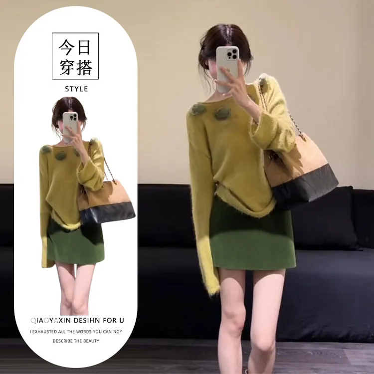 2025超火秋装搭配一整套茶里茶气别致独特漂亮减龄针织上衣套装裙