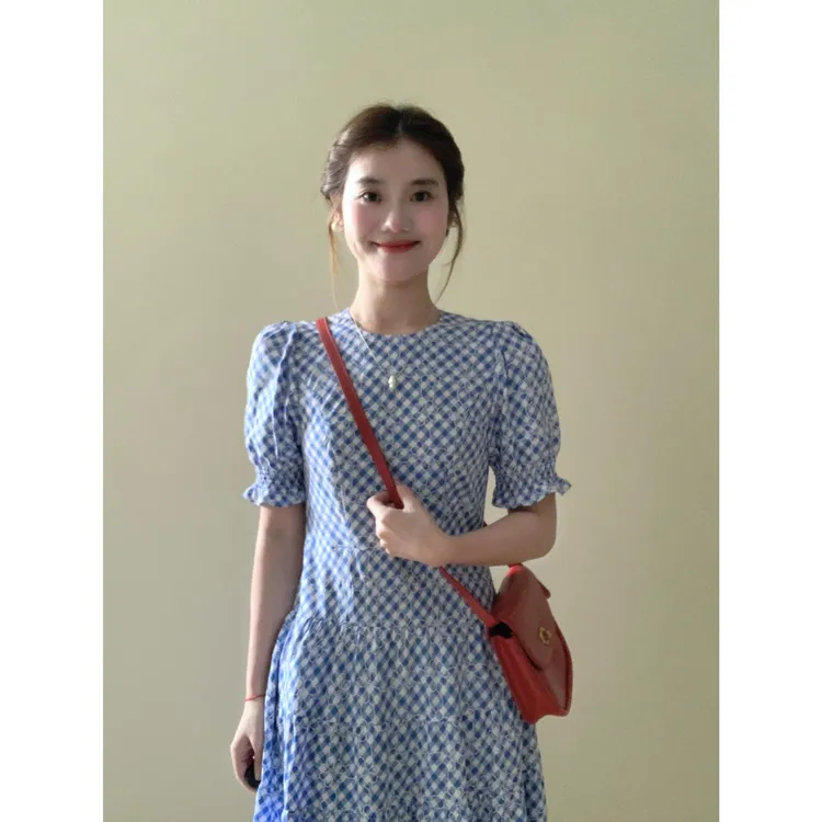 长裙短袖女25设计感夏季气质格子复古连衣裙新款清冷系禅意衣服女