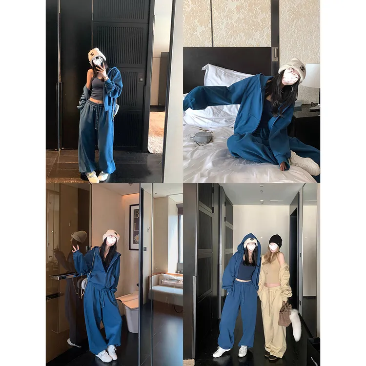 宽松休闲卫衣套装女外套+阔腿垂感休闲卫裤+吊带背心套装 60803
