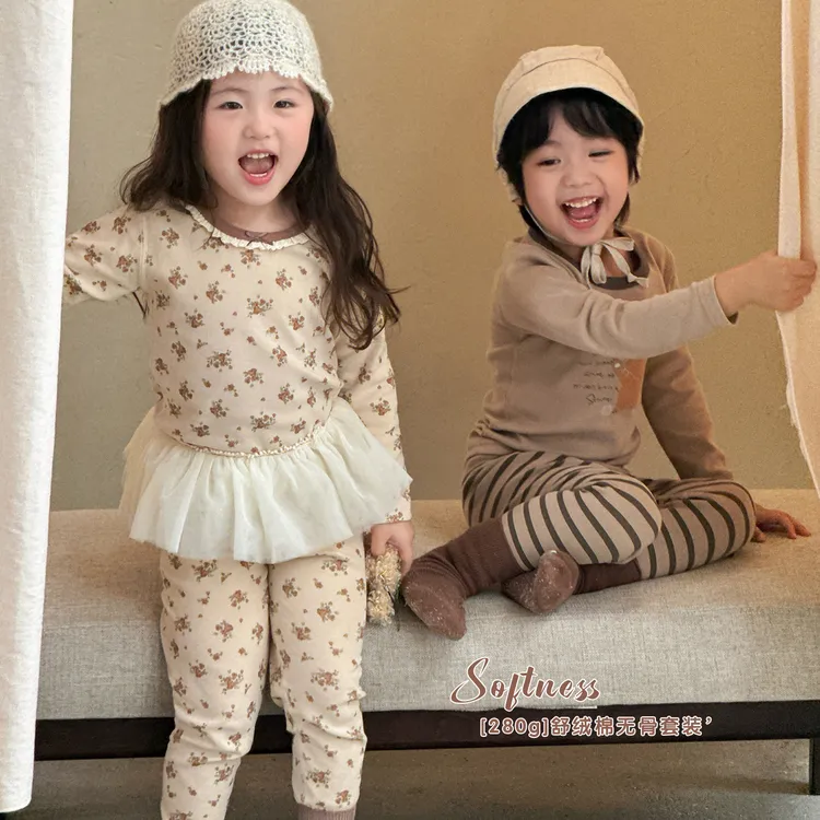 儿童睡衣女孩2025新款纯棉冬季加厚磨毛宝宝家居服男童秋衣秋裤