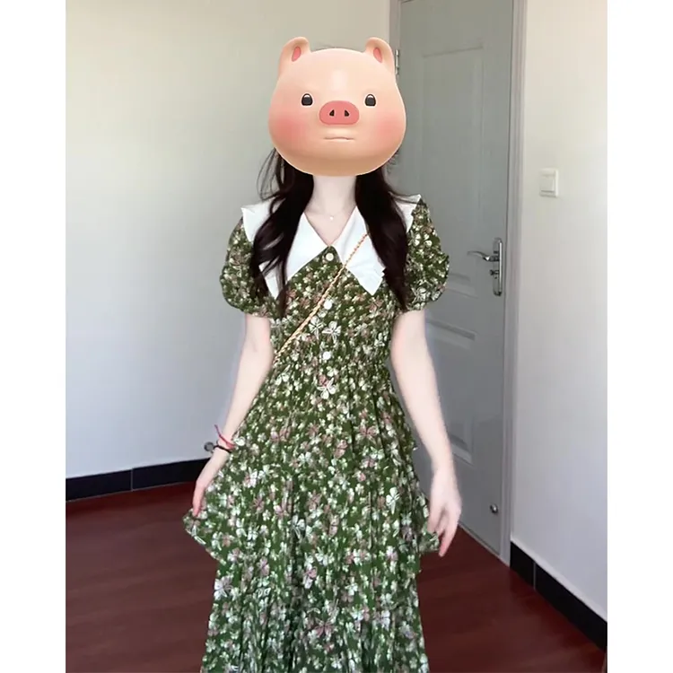 蛋糕连衣裙女2025夏季新款法式气质娃娃领短袖收腰中长款碎花裙子