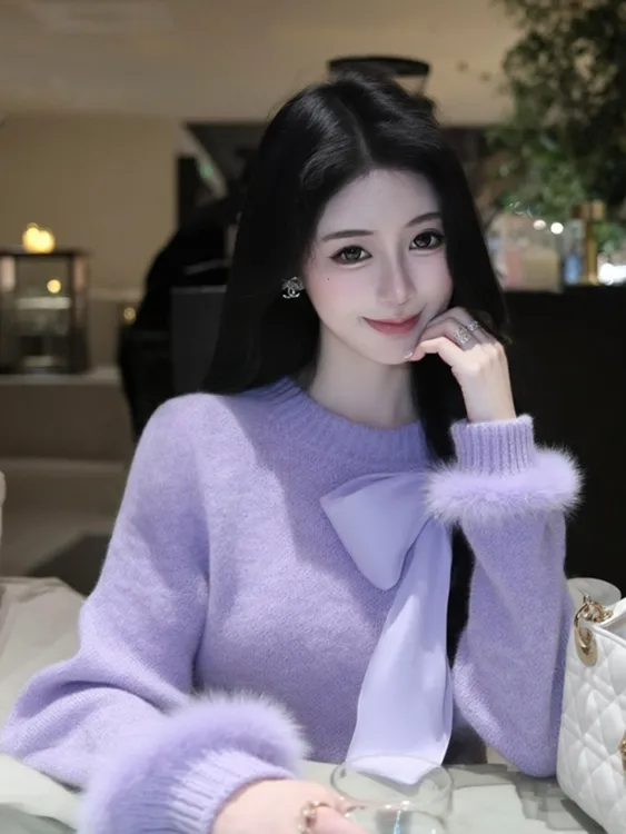 韩系温柔风软糯奶呼呼上衣高级感紫色毛毛袖蝴蝶结针织毛衣女冬季