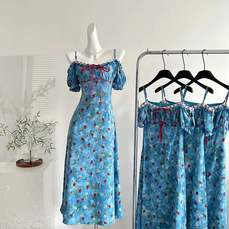 瑞茜·威瑟斯青珐琅雪2.0 夏季甜美收腰显瘦碎花长款连衣裙