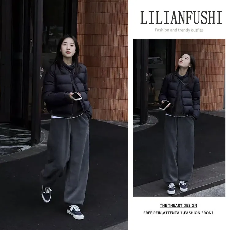 今年流行漂亮套装2025新款纯色长袖棉服外套显瘦阔腿休闲裤两件套