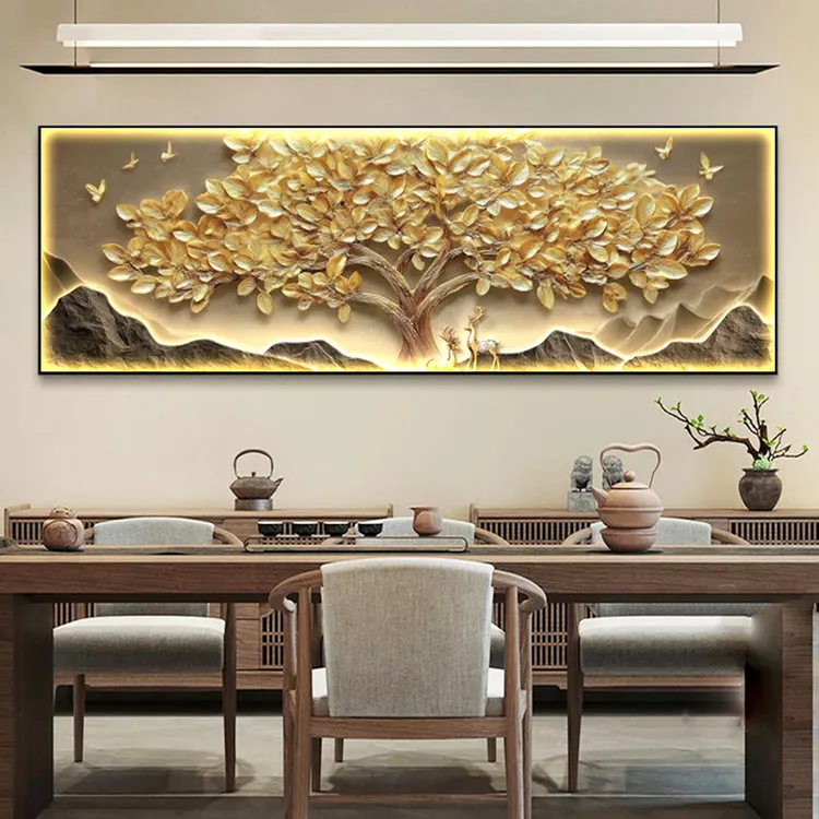 LED灯发财树客厅书房茶室装饰画轻奢沙发背景墙挂画卧室床头壁画