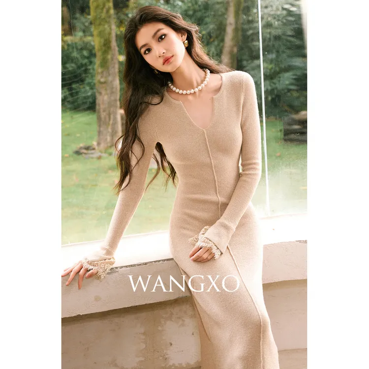 WANGXO 蕾丝华夫格闪光羊毛连衣裙  257654W