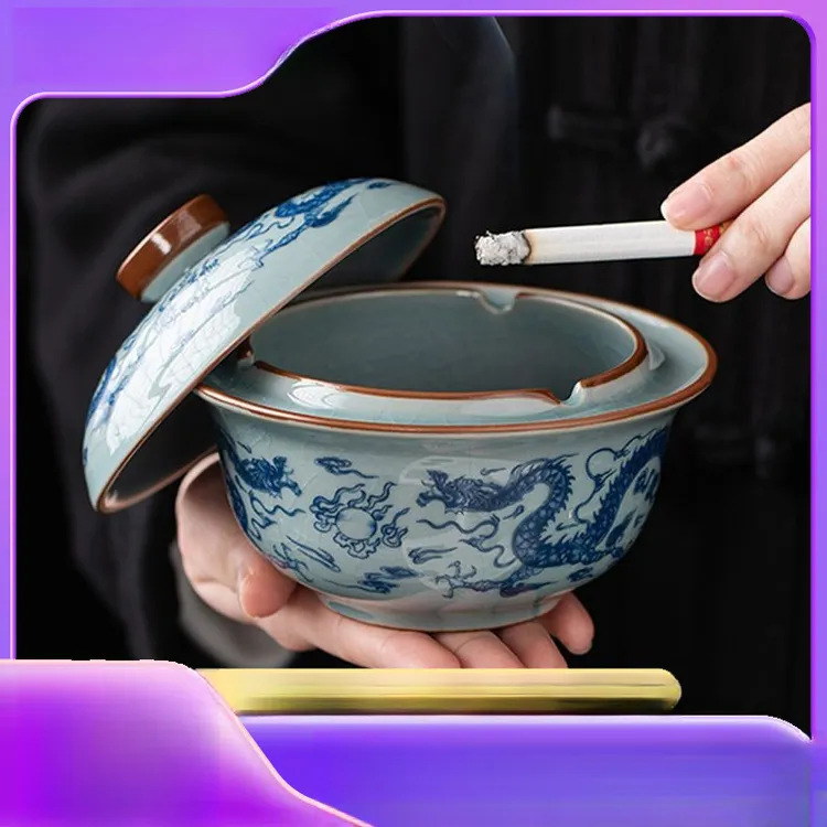 哥窑烟灰缸悬停带盖防飞防风家用烟缸青花创意陶瓷客厅个性办公室