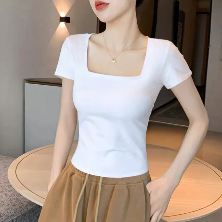 白色方领短袖洋气t恤女春夏季新款露锁骨修身财阀千金女装女款