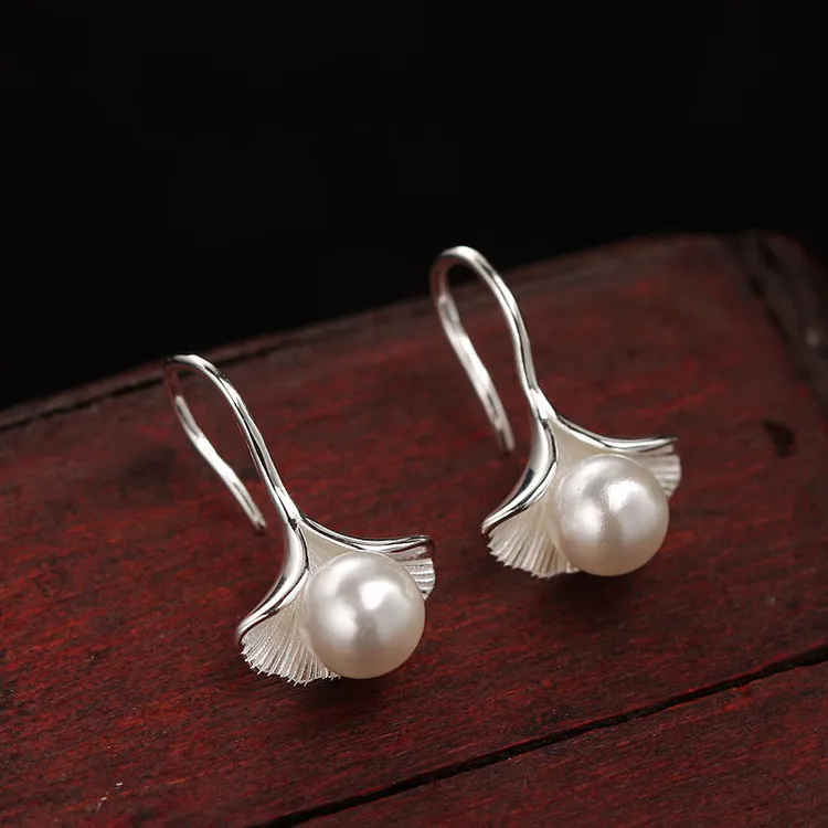 925银玻璃耳饰 新款叶子耳环女韩版小清新银杏叶可爱仿珍珠甜美高