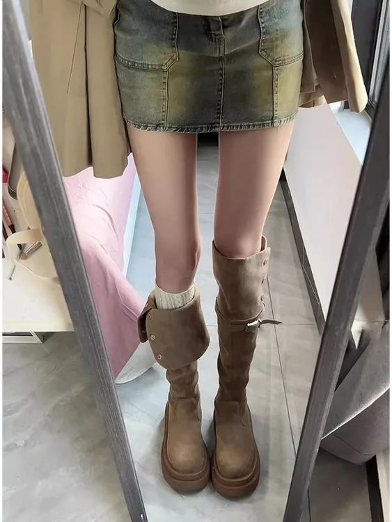 厚底长筒靴女2025新款秋冬季不过膝绒面长靴女款显瘦高筒骑士靴子