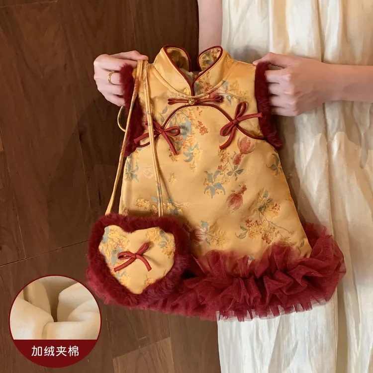 女童加绒旗袍裙拜年服2025新款周岁国风唐装宝宝汉服新年装连衣裙