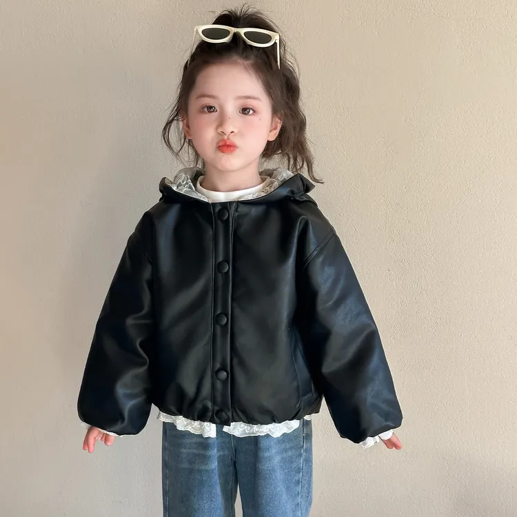 女童加绒皮衣儿童秋冬装新款韩版加厚休闲风女宝宝冬季蕾丝外套潮