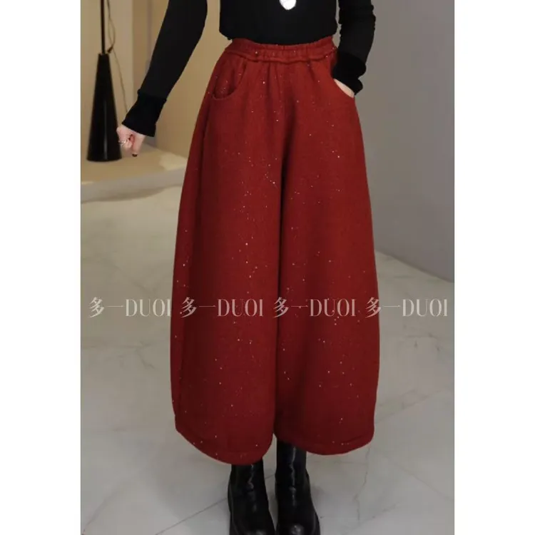 多一“闪闪裤”2025冬季腰头松紧加厚内里磨毛百搭休闲九分阔腿裤