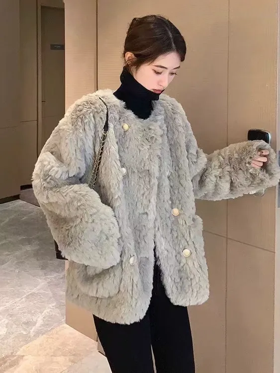 8090 M新款秋装外套女气质高级感冬季小香风羊羔毛毛绒加厚上衣潮