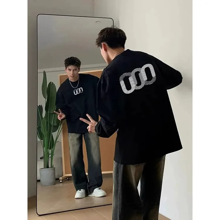 280g重磅纯棉长袖T恤男美式高街背面印花黑色秋冬宽松加绒卫衣ins