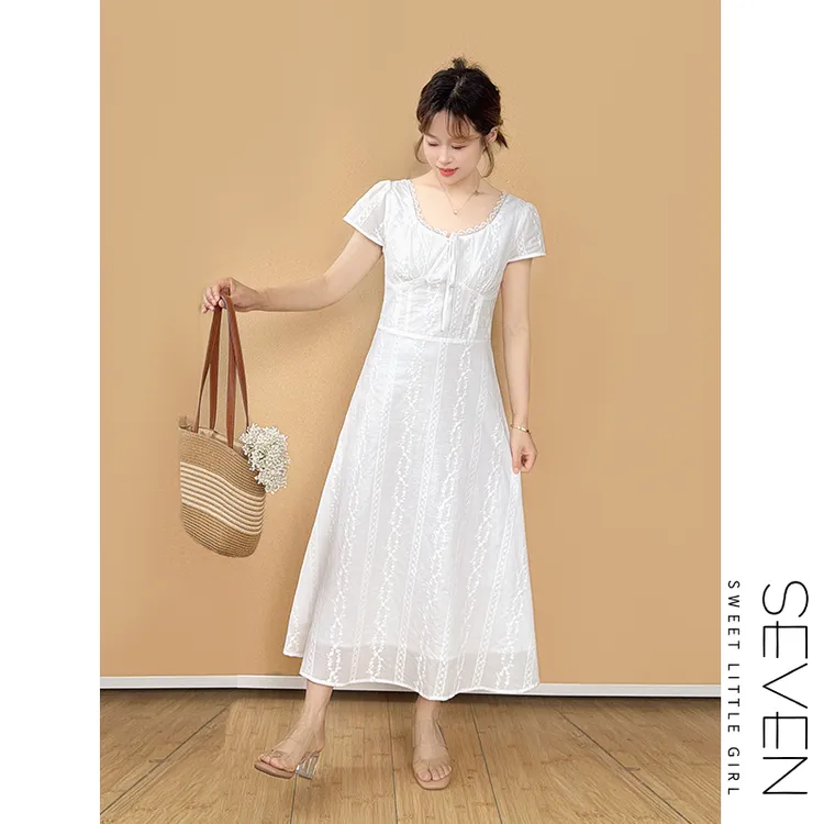 13白雪花边裙⑧七七146小个子韩系格子收腰显瘦连衣裙女夏小美说