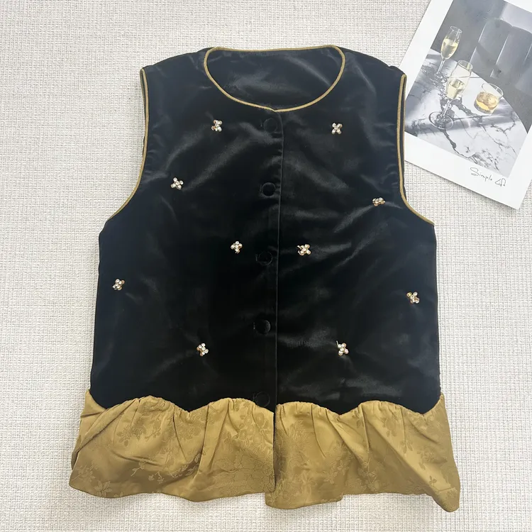 【叶子服饰】新中式国风镶钻马甲女款25秋季新款丝绒拼接提花上衣19