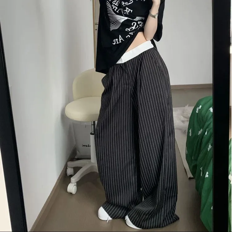 新疆西藏包邮阔腿撞色休闲高腰拼接系带设计条纹西装裤通勤宽松直