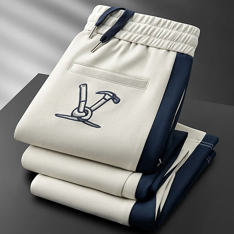 秋冬轻奢撞色拼接刺绣柔软空气层卫裤男直筒时尚高端休闲运动裤男