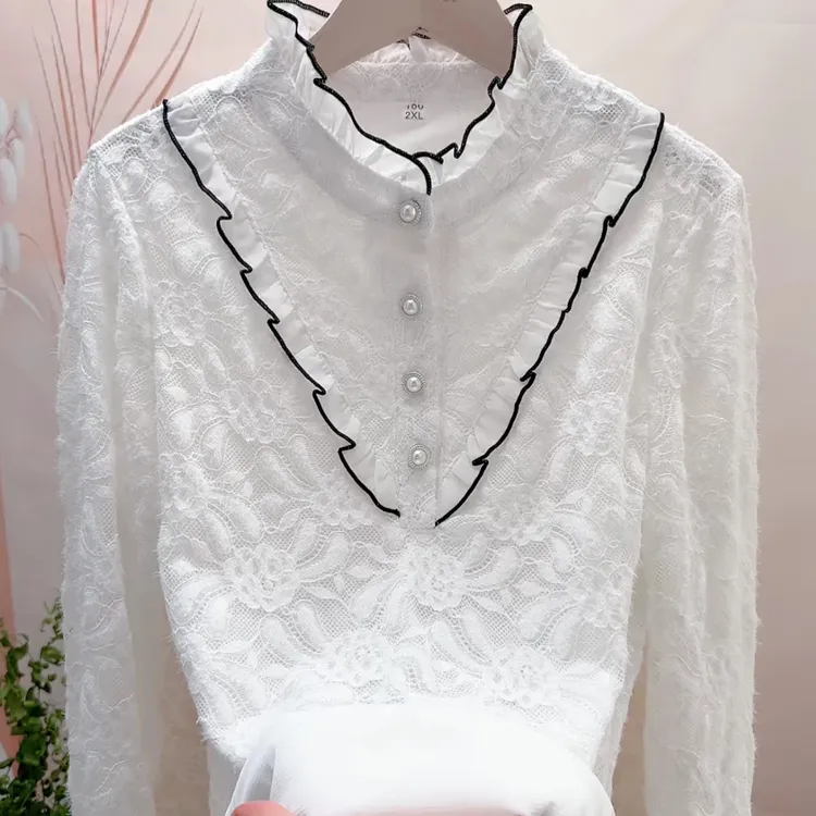蕾丝打底衫女秋冬新款洋气木耳边衬衣加绒加厚内搭高档妈妈上衣