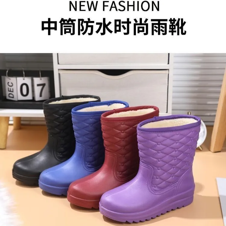 加绒地靴防水雨靴防滑保暖学生韩版靴EVA一体鞋厨房洗衣工作鞋zy