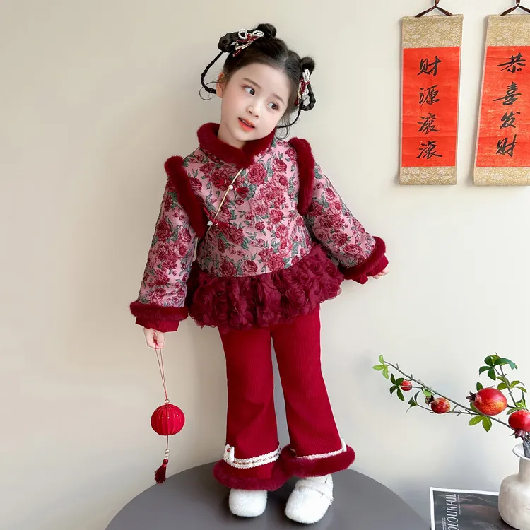 女童洋气拜年服汉服冬季儿童中国风唐装加厚套装宝宝中式喜庆礼服