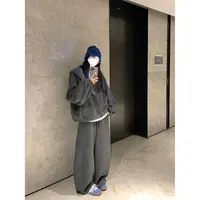 时尚加绒加厚宽松连帽休闲卫衣外套套装松紧腰阔腿裤女 18753