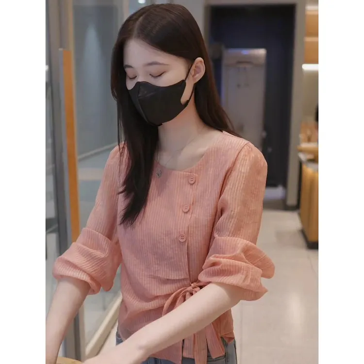 不规则系带条纹衬衫女2025秋季新款小衫时尚高级感洋气超好看上衣