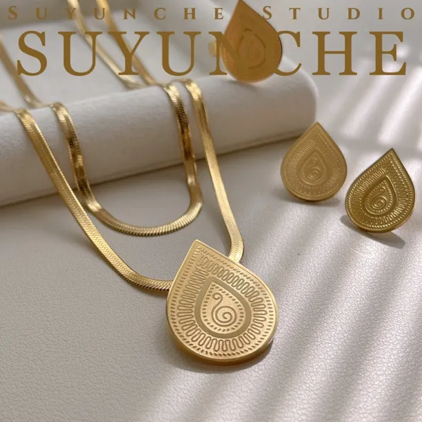 钛钢项链 Suyunche2667新款民族风复古水滴腰果花三件套