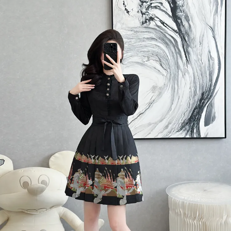 新中式时尚褶皱中国风女装复古春季长袖印花汉服气质连衣裙